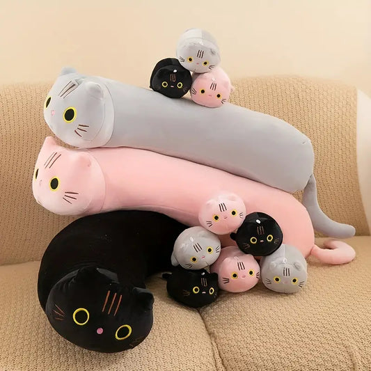 4pcs Adorable House-Cat Family Plush Toys - Soft Polyester Fiber, Long Strip Design, Cuddly Bed Pillows