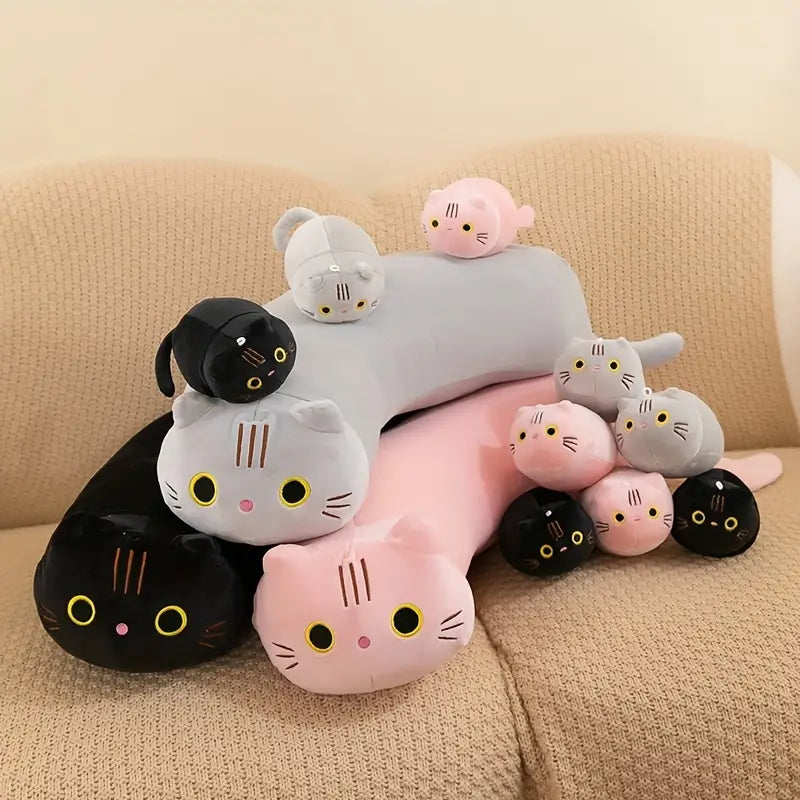 4pcs Adorable House-Cat Family Plush Toys - Soft Polyester Fiber, Long Strip Design, Cuddly Bed Pillows