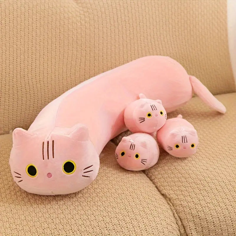 4pcs Adorable House-Cat Family Plush Toys - Soft Polyester Fiber, Long Strip Design, Cuddly Bed Pillows