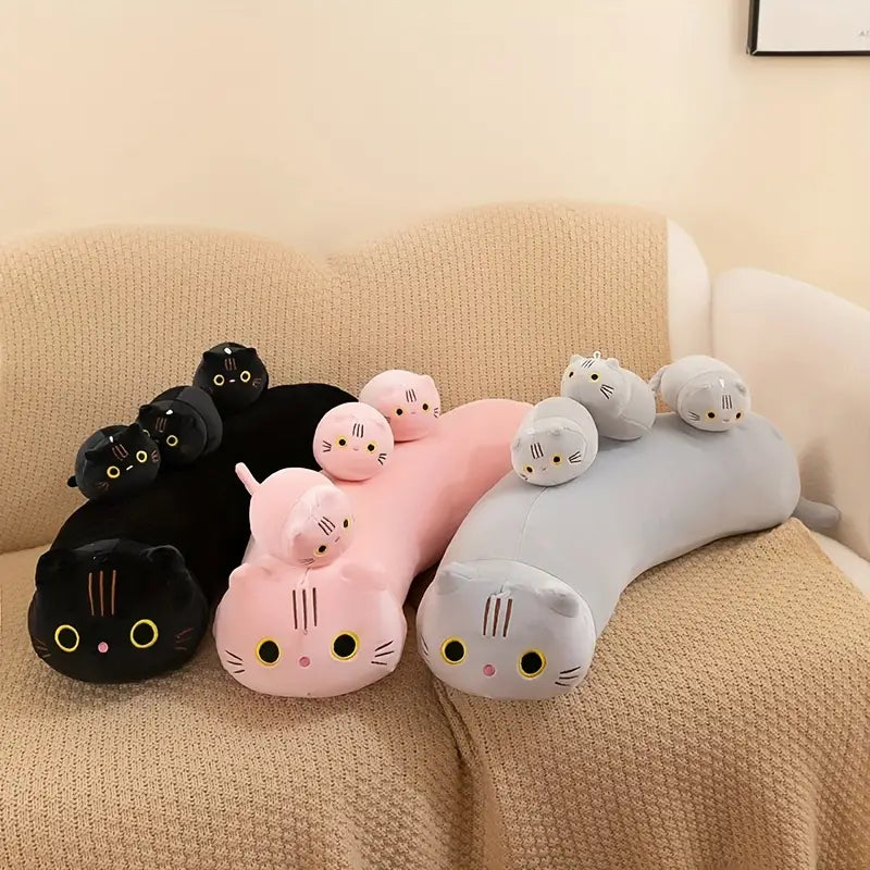 4pcs Adorable House-Cat Family Plush Toys - Soft Polyester Fiber, Long Strip Design, Cuddly Bed Pillows